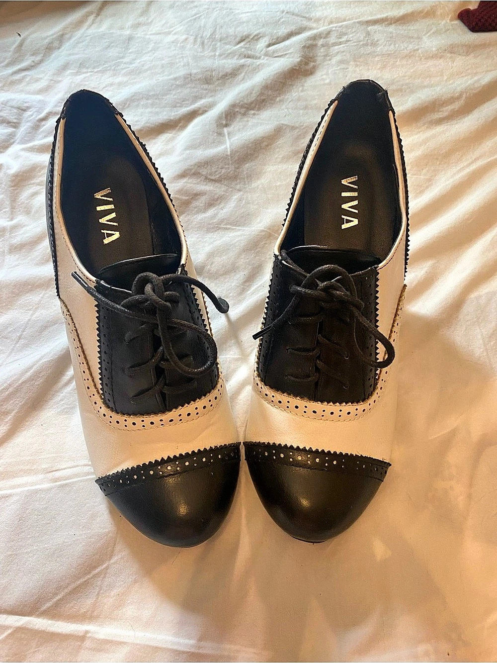 Viva Two-Tone Brogue Heels in Black & Cream